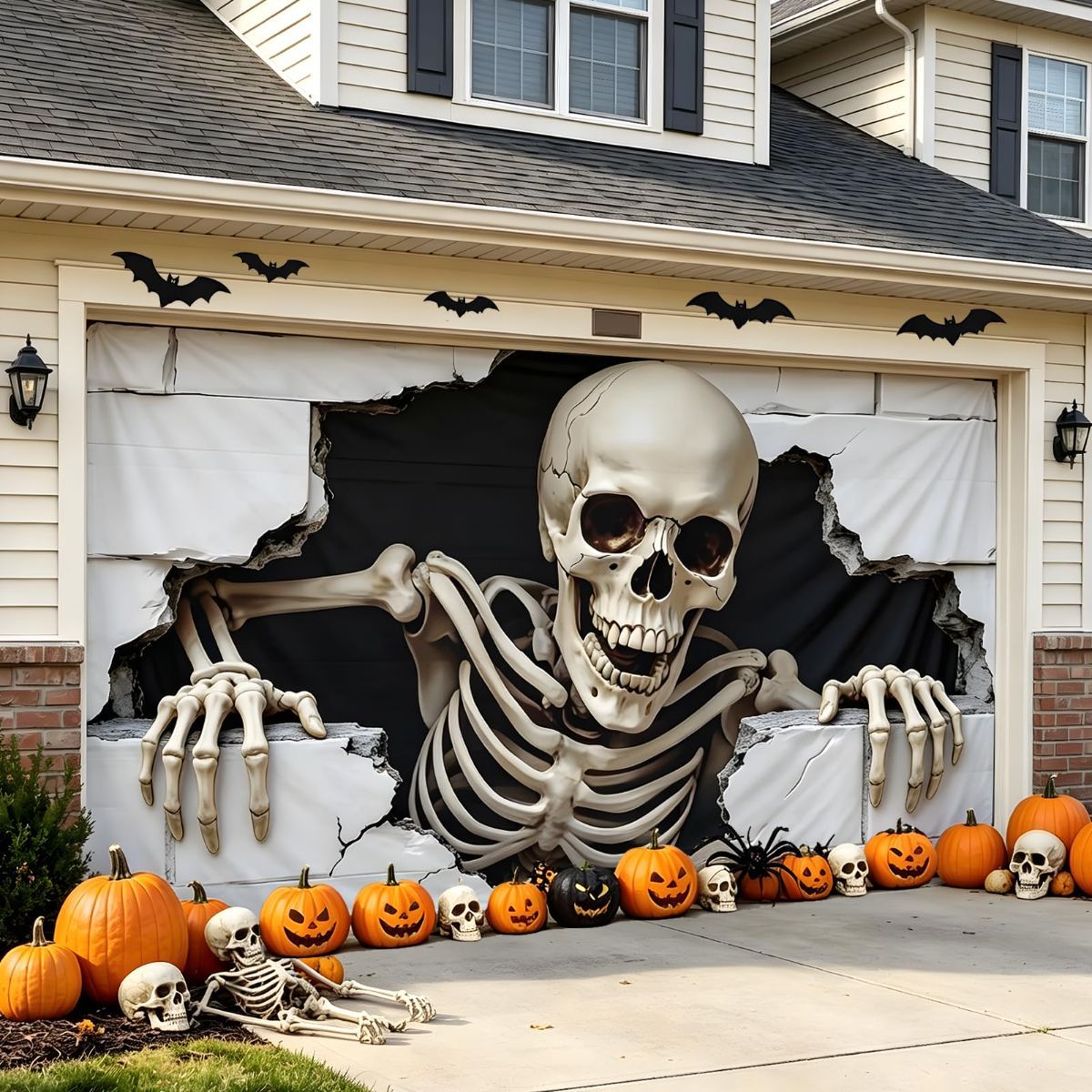 Halloween Garage Door Cover Halloween Decorations Outdoor Hanging Banner Garage - White - Size 7x9ft