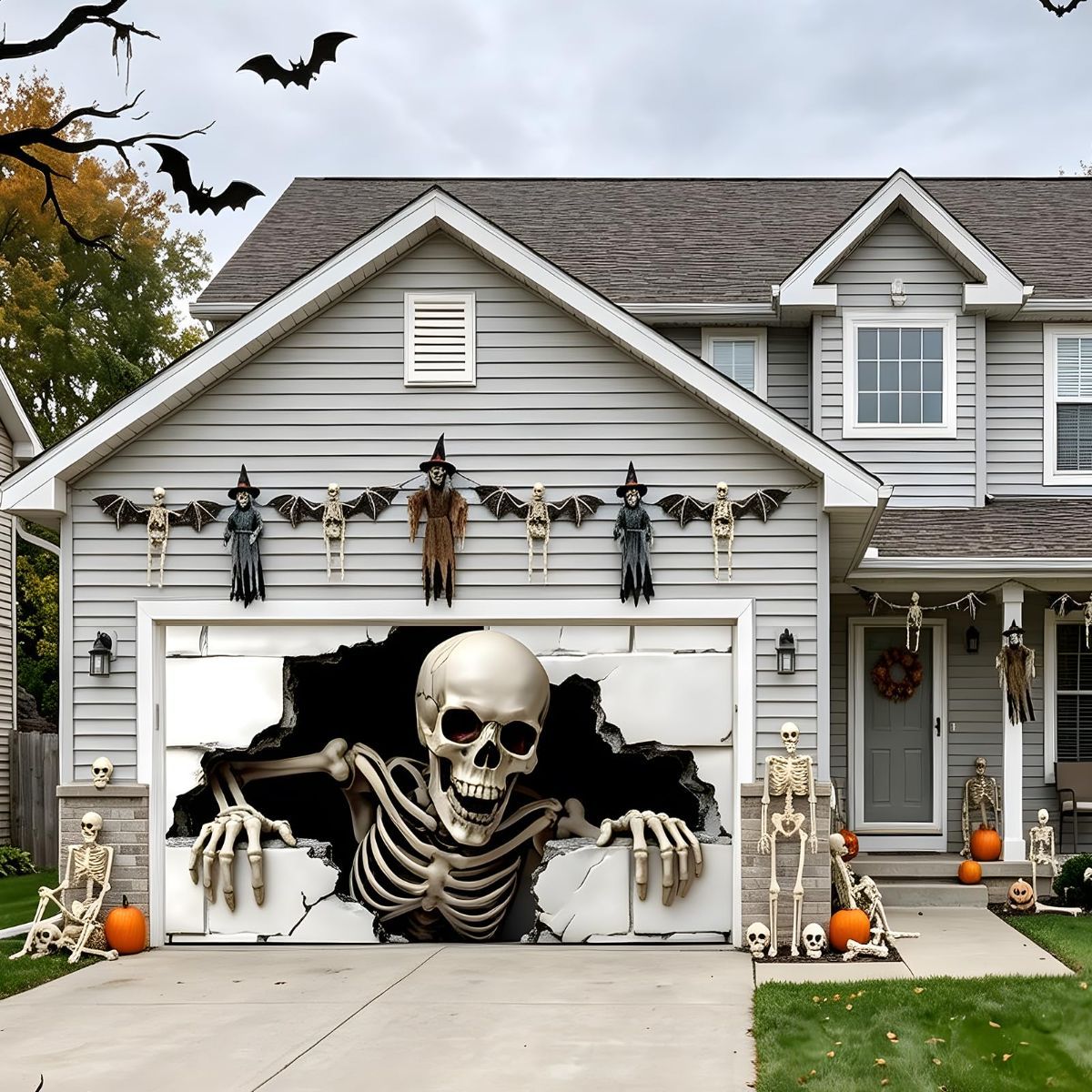 Halloween Garage Door Cover Halloween Decorations Outdoor Hanging Banner Garage - White - Size 7x9ft