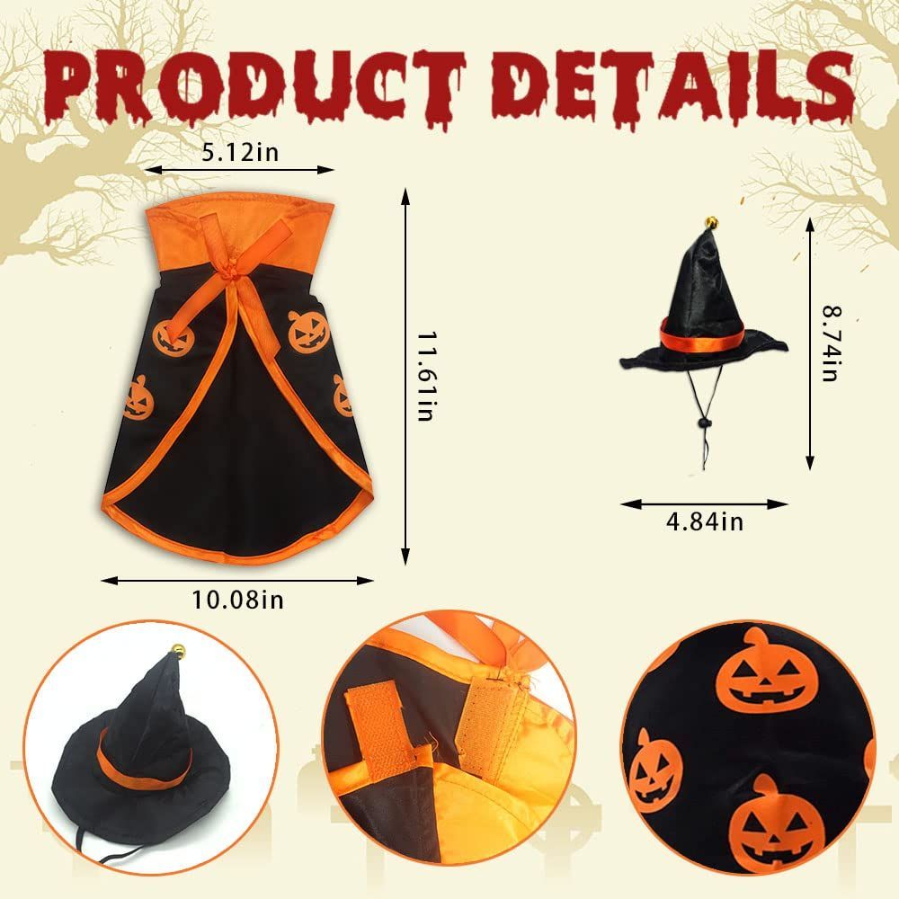 Halloween Cat Costume Cloak Witch Hat Pet Accessories Halloween Adjustable Pumpkin Pet Costumes Clothes Set, Halloween pet Costume Decor Cloak for Cats Dogs Puppy Halloween Carnival Party Supplies