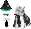 3PCS Halloween Dog Costume Cat Wizard Cape Glasses and Necktie Set Halloween Puppy Outfit Pet Academy Magician Cosplay Apparel for Kitten Cat Small Dogs - Black-Green - Size L
