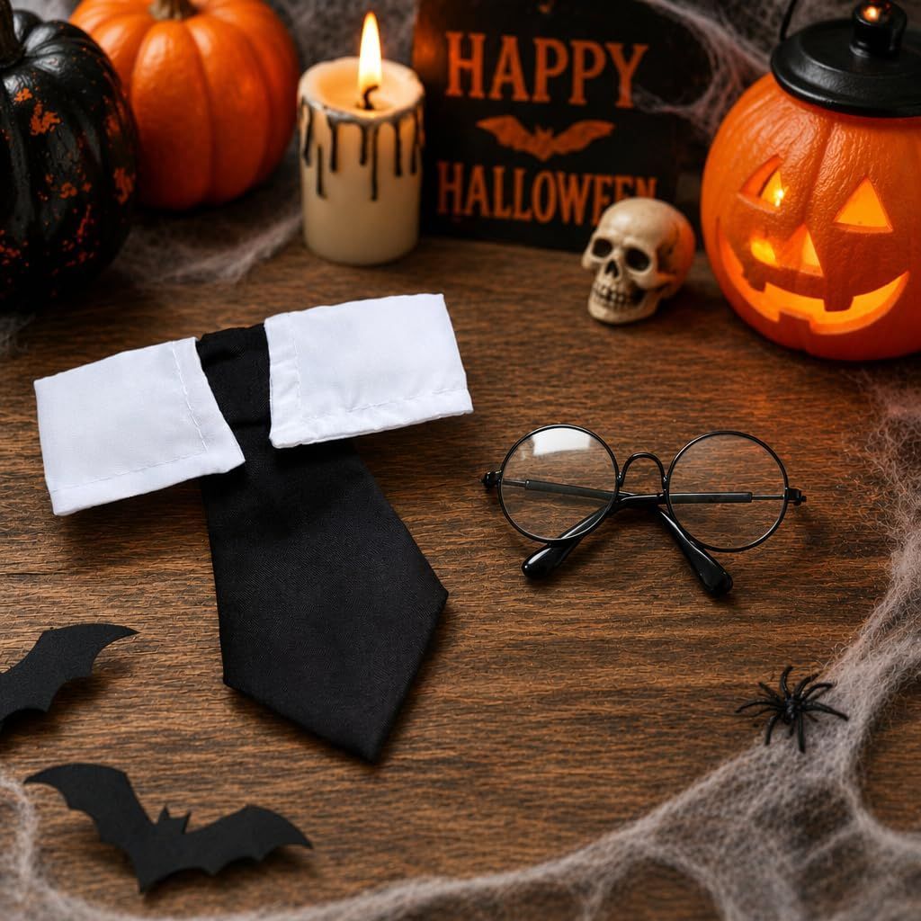3PCS Halloween Dog Costume Cat Wizard Cape Glasses and Necktie Set Halloween Puppy Outfit Pet Academy Magician Cosplay Apparel for Kitten Cat Small Dogs - Black-Green - Size L
