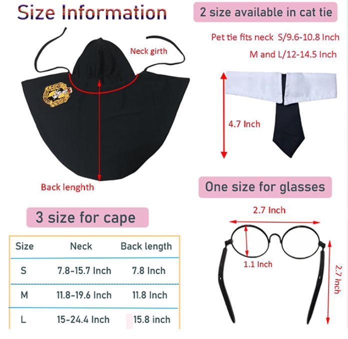 3PCS Halloween Dog Costume Cat Wizard Cape Glasses and Necktie Set Halloween Puppy Outfit Pet Academy Magician Cosplay Apparel for Kitten Cat Small Dogs - Black-Green - Size L