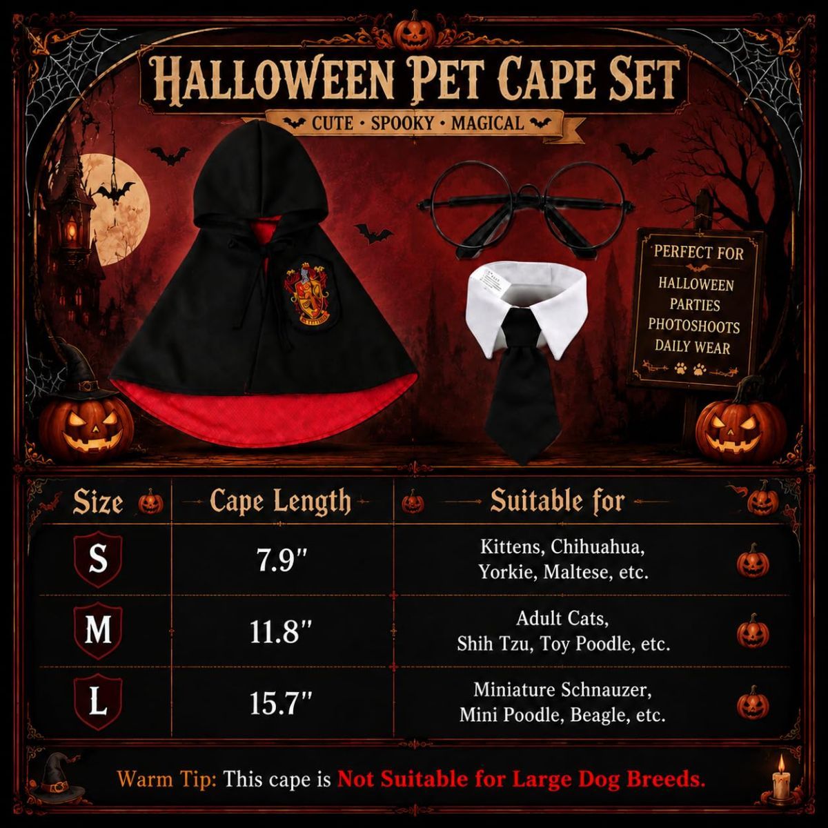 3PCS Halloween Dog Costume Cat Wizard Cape Glasses and Necktie Set Halloween Puppy Outfit Pet Academy Magician Cosplay Apparel for Kitten Cat Small Dogs - Black-Green - Size L