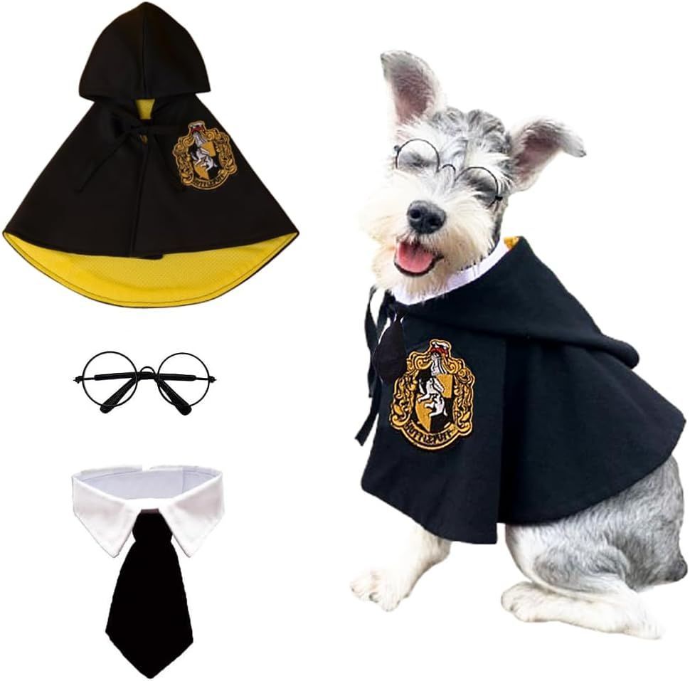 3PCS Halloween Dog Costume Cat Wizard Cape Glasses and Necktie Set Halloween Puppy Outfit Pet Academy Magician Cosplay Apparel for Kitten Cat Small Dogs - Black-Yellow - Size S