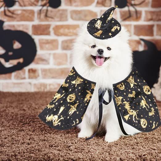 Pet Halloween Costumes Dogs Cats Halloween Witch Pet Costume Cape Hat Halloween Vampire Cloak Wizard Cats Cosplay Clothes Apparel for Small Dogs Cats Halloween Party Decorations - Black - Size M