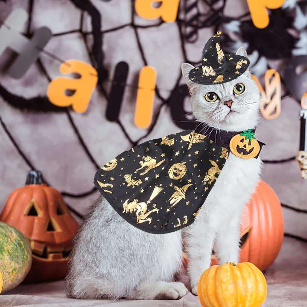 Pet Halloween Costumes Dogs Cats Halloween Witch Pet Costume Cape Hat Halloween Vampire Cloak Wizard Cats Cosplay Clothes Apparel for Small Dogs Cats Halloween Party Decorations - Black - Size M