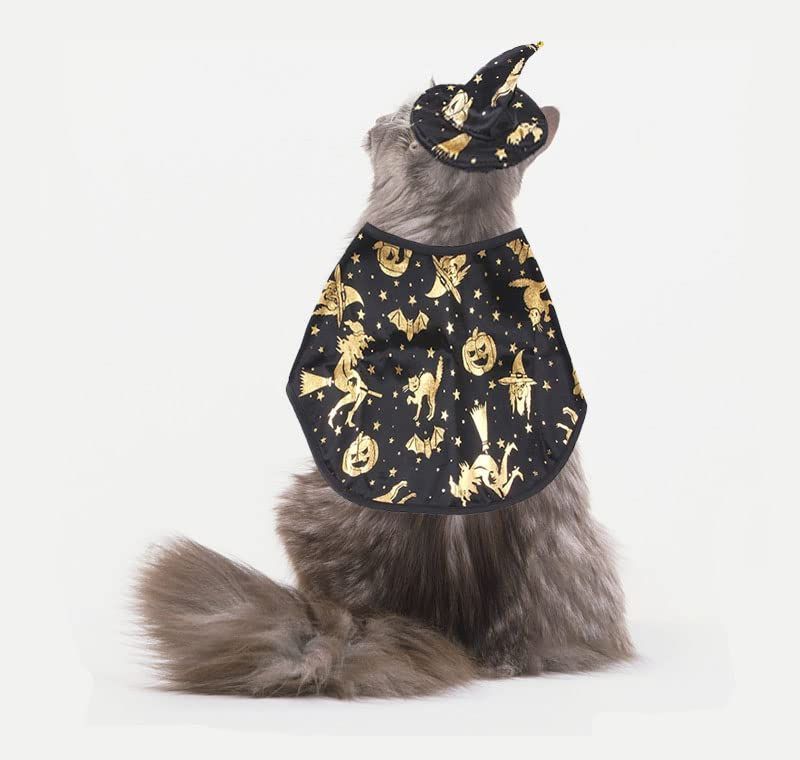 Pet Halloween Costumes Dogs Cats Halloween Witch Pet Costume Cape Hat Halloween Vampire Cloak Wizard Cats Cosplay Clothes Apparel for Small Dogs Cats Halloween Party Decorations - Black - Size S