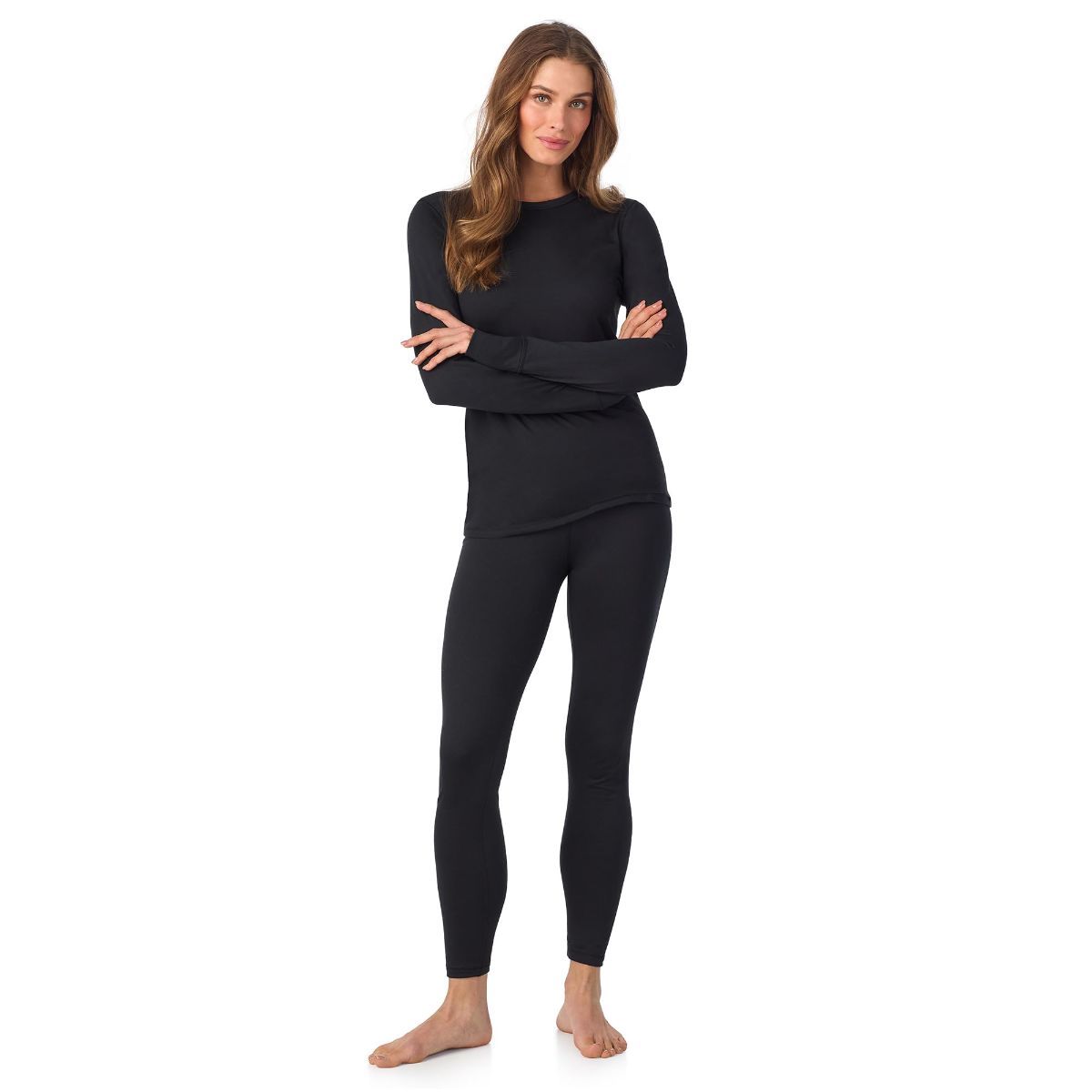 Cuddl Duds Womens Heavyweight Cold Weather Fleece Lined Thermal Set – Long Sleeve Top & Leggings - Winter Lounge Sets - Black - Size L