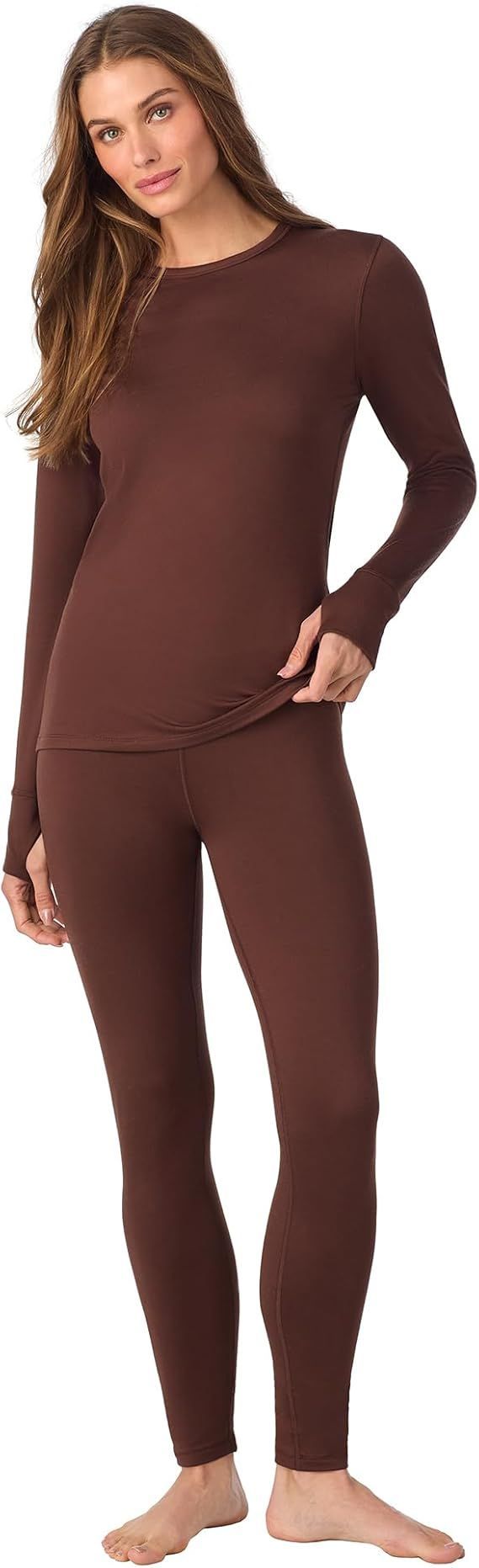 Cuddl Duds Womens Heavyweight Cold Weather Fleece Lined Thermal Set – Long Sleeve Top & Leggings - Winter Lounge Sets - Brown - Size M
