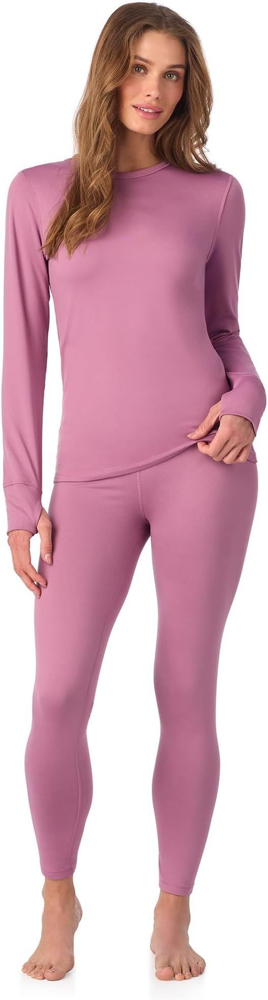 Cuddl Duds Womens Heavyweight Cold Weather Fleece Lined Thermal Set – Long Sleeve Top & Leggings - Winter Lounge Sets - Pink - Size L