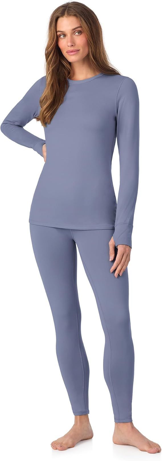 Cuddl Duds Womens Heavyweight Cold Weather Fleece Lined Thermal Set – Long Sleeve Top & Leggings - Winter Lounge Sets - Sky Blue - Size M
