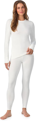 Cuddl Duds Womens Heavyweight Cold Weather Fleece Lined Thermal Set – Long Sleeve Top & Leggings - Winter Lounge Sets - White - Size S