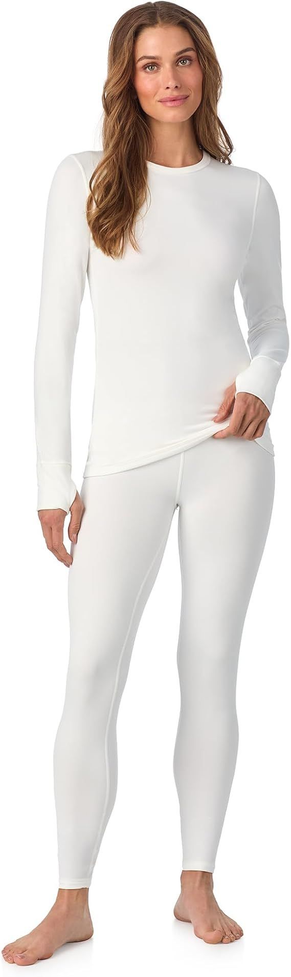 Cuddl Duds Womens Heavyweight Cold Weather Fleece Lined Thermal Set – Long Sleeve Top & Leggings - Winter Lounge Sets - White - Size S