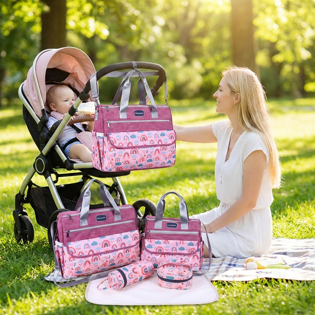 Newborn Diaper Bag Set with Changing Pad – 4-Piece Baby Organizer, Large Capacity Mom Backpack, Insulated Bottle Sleeve & Lunch Bag, Travel Diaper Bag for Moms (Red)