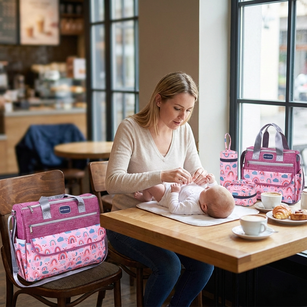 Newborn Diaper Bag Set with Changing Pad – 4-Piece Baby Organizer, Large Capacity Mom Backpack, Insulated Bottle Sleeve & Lunch Bag, Travel Diaper Bag for Moms (Red)