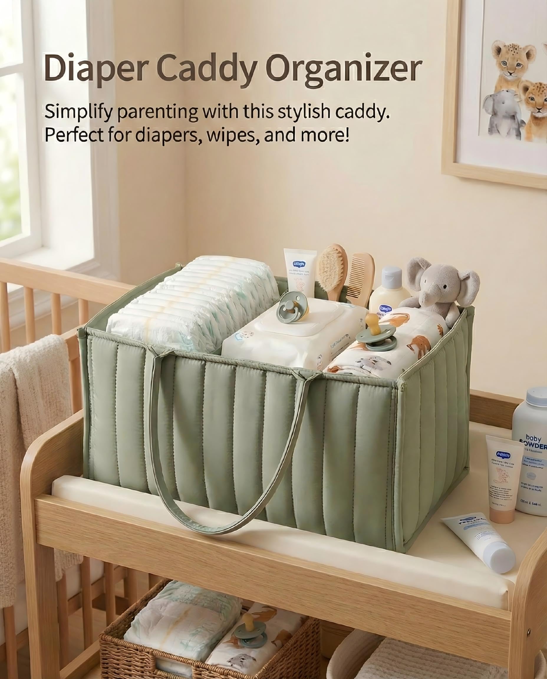 Large Baby Diaper Caddy Organizer – Portable Nursery Storage for Diapers, Wipes, Toys & Essentials (Green)