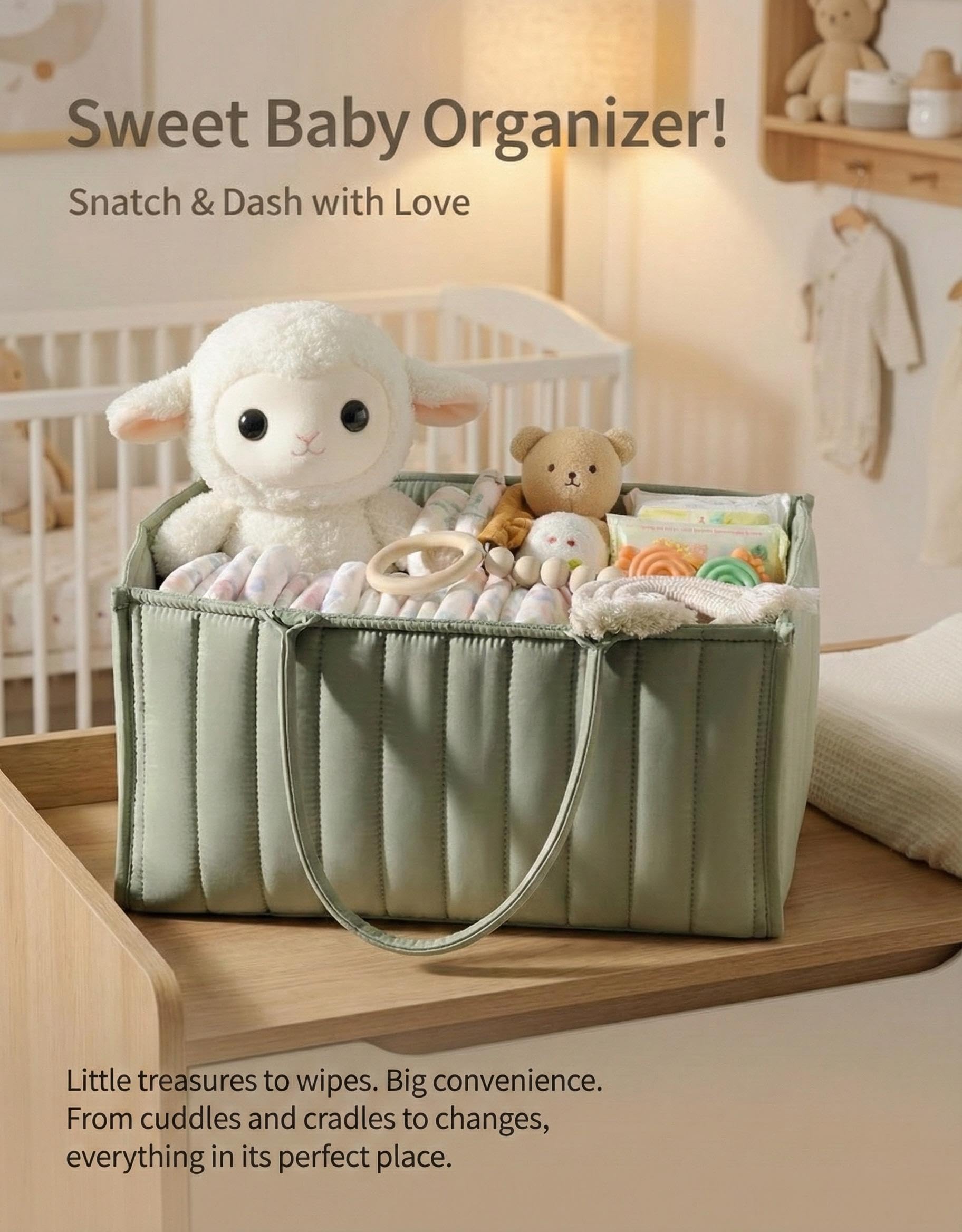 Large Baby Diaper Caddy Organizer – Portable Nursery Storage for Diapers, Wipes, Toys & Essentials (Green)