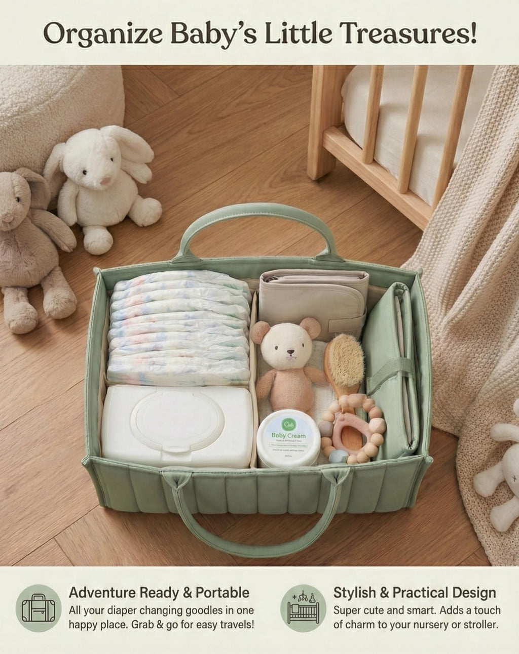 Large Baby Diaper Caddy Organizer – Portable Nursery Storage for Diapers, Wipes, Toys & Essentials (Green)