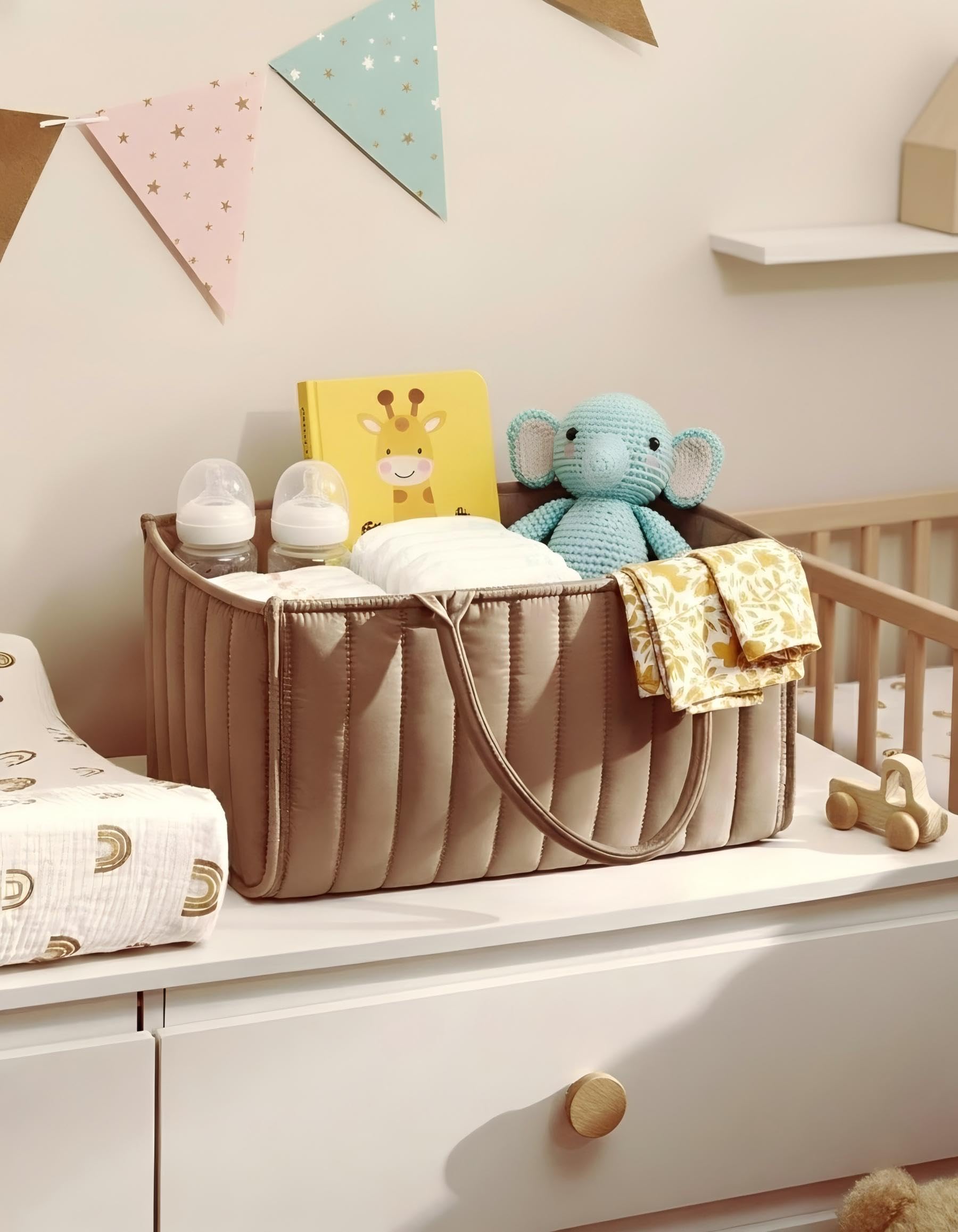 Large Baby Diaper Caddy Organizer – Portable Nursery Storage for Diapers, Wipes, Toys & Essentials(Brown)