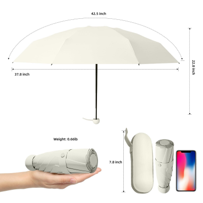Mini Travel Umbrella – Compact Sun & Rain Protection for Women, Kids | UV-Blocking Pocket Umbrella with Case | Lightweight Foldable Umbrella（grey）