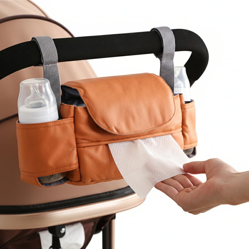 Universal Stroller Organizer Bag with Tissue Pocket, Bottle Holders & Large Storage (Orange)