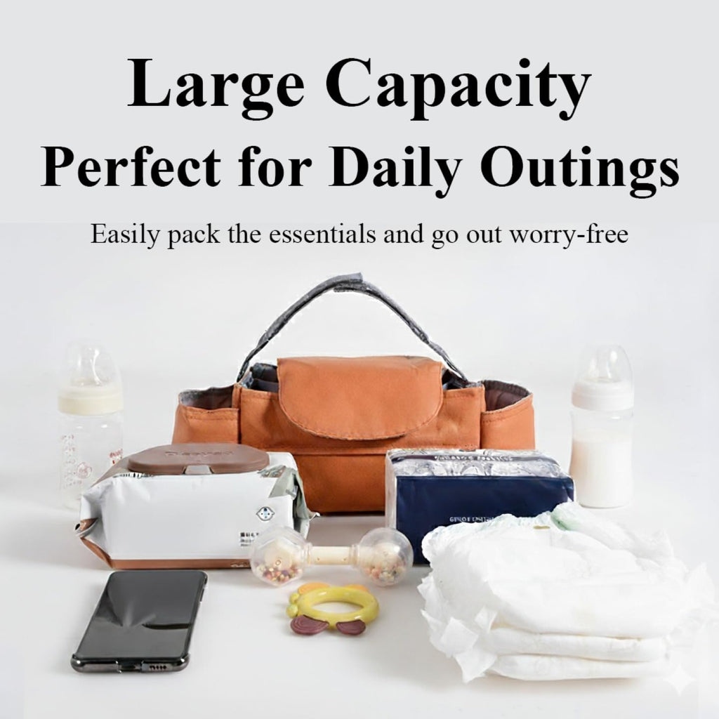 Universal Stroller Organizer Bag with Tissue Pocket, Bottle Holders & Large Storage (Orange)