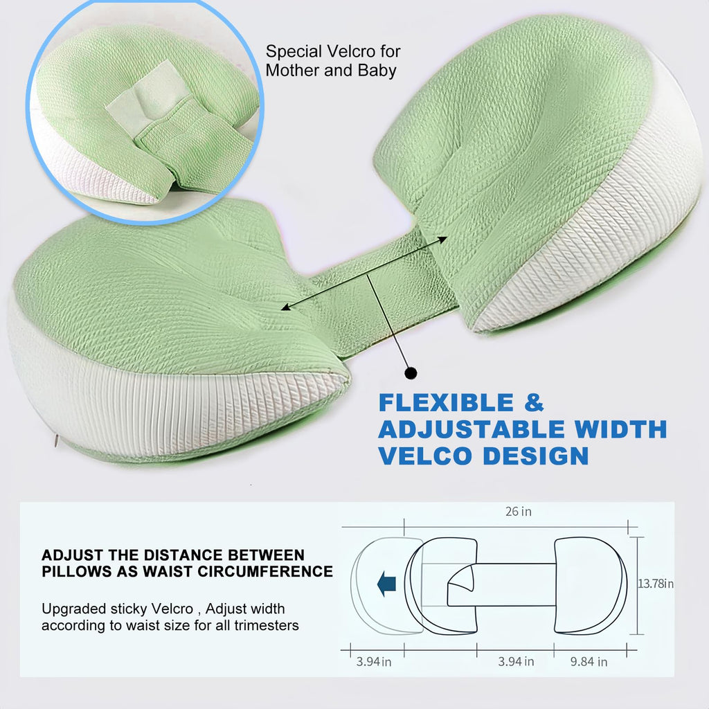 Adjustable Pregnancy Pillow with Velcro Design – Side Sleeping Support for Back, Belly, Hips & Legs, Travel-Friendly Maternity Pillow with Bonus Auxiliary Pillow(Green)