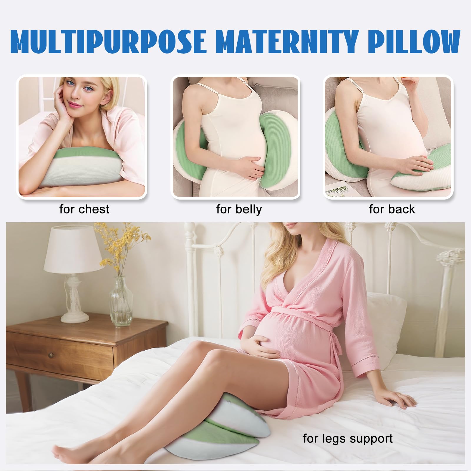 Adjustable Pregnancy Pillow with Velcro Design – Side Sleeping Support for Back, Belly, Hips & Legs, Travel-Friendly Maternity Pillow with Bonus Auxiliary Pillow(Green)