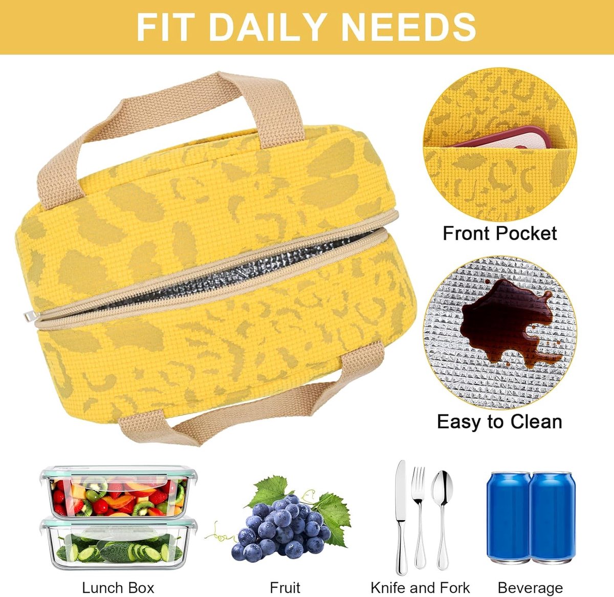 Reusable Insulated Lunch Bag 6L – Small Lunch Bag for Work, School & Travel (Yellow)