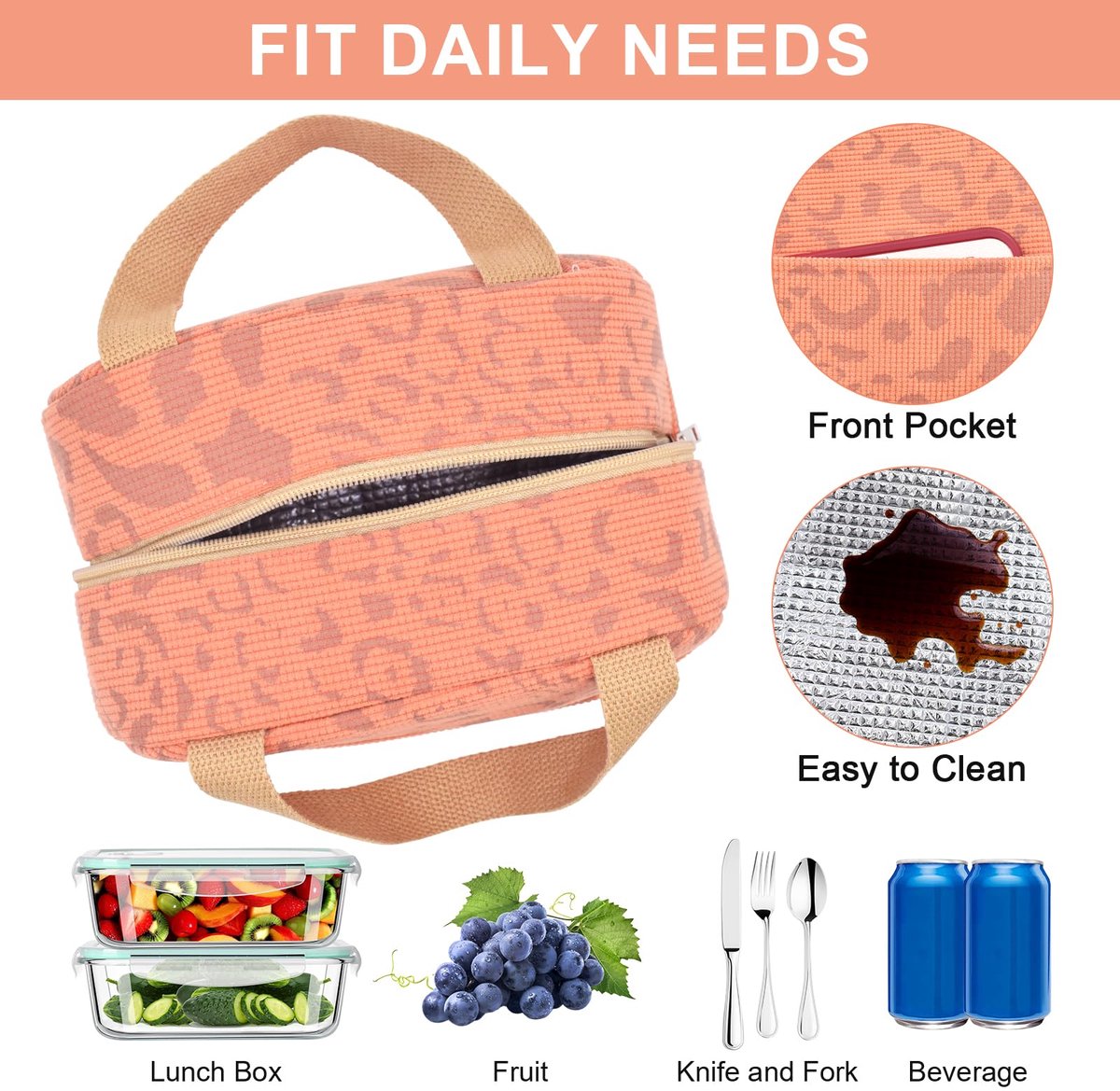 Reusable Insulated Lunch Bag 6L – Small Lunch Bag for Work, School & Travel (Orange)