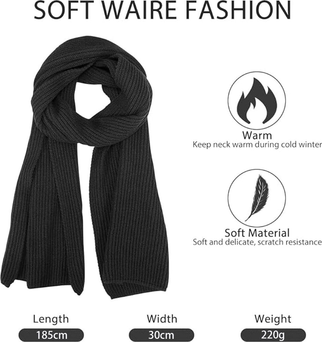 Unisex Knitted Winter Scarf – Soft, Warm, Classic Black Oblong Scarf (160 × 30 cm)
