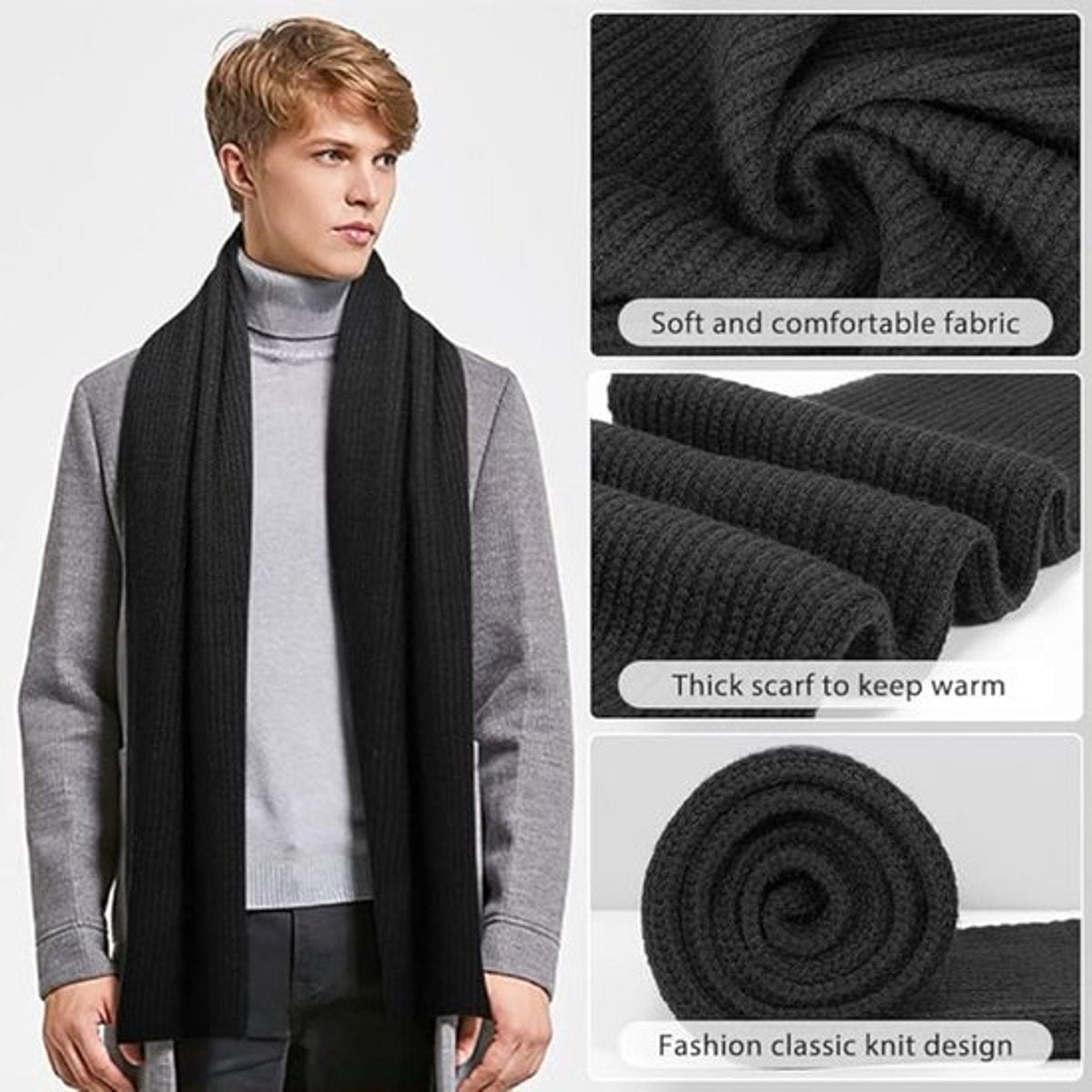 Unisex Knitted Winter Scarf – Soft, Warm, Classic Black Oblong Scarf (160 × 30 cm)