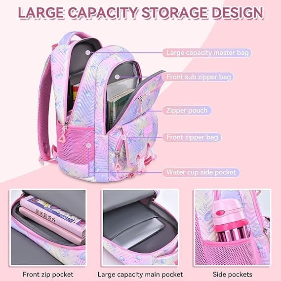 3-Piece Girls Backpack Set with Pencil Case and Lunch Bag, Pink, for Elementary & Teenage Students