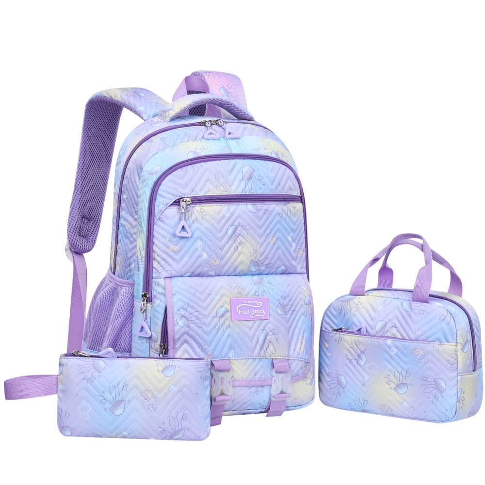 3-Piece Girls Backpack Set with Pencil Case and Lunch Bag, Purple, for Elementary & Teenage Students