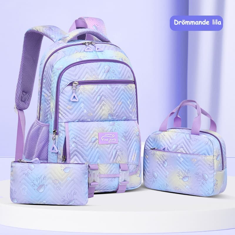 3-Piece Girls Backpack Set with Pencil Case and Lunch Bag, Purple, for Elementary & Teenage Students