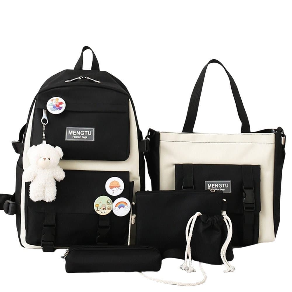 5-Piece School Backpack Set for Students and Teenagers, Black