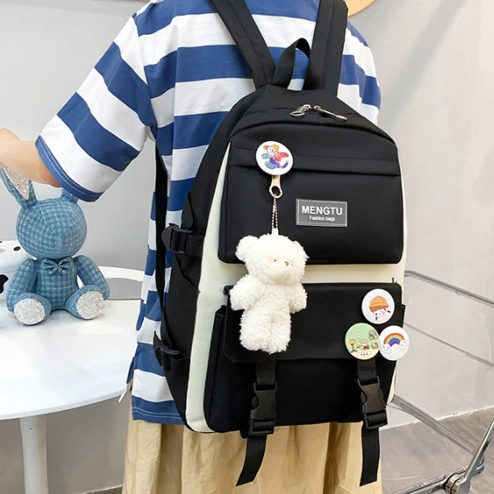 5-Piece School Backpack Set for Students and Teenagers, Black