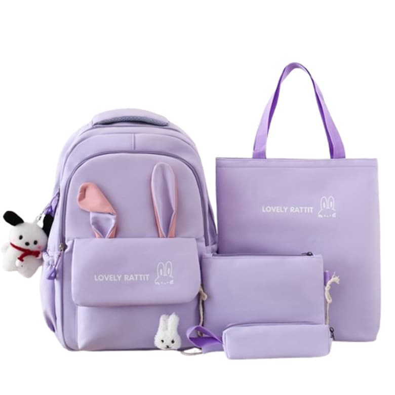 Cute Purple Rabbit Ears Backpack Set for Girls (4-Piece, Large Capacity)