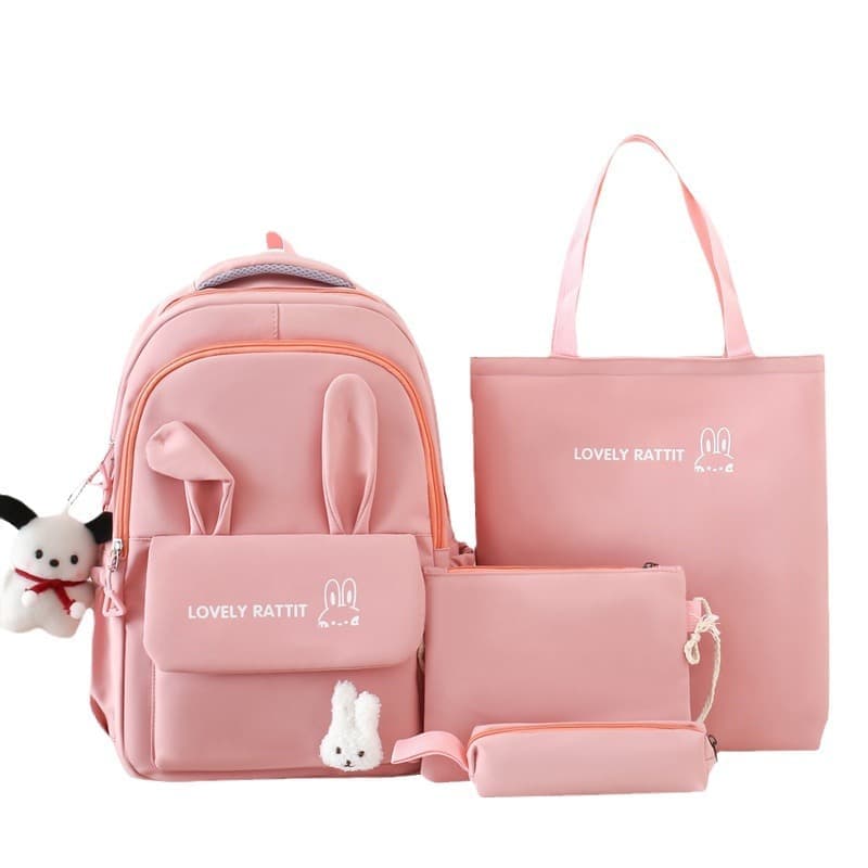 Cute Pink Rabbit Ears Backpack Set for Girls (4-Piece, Large Capacity)
