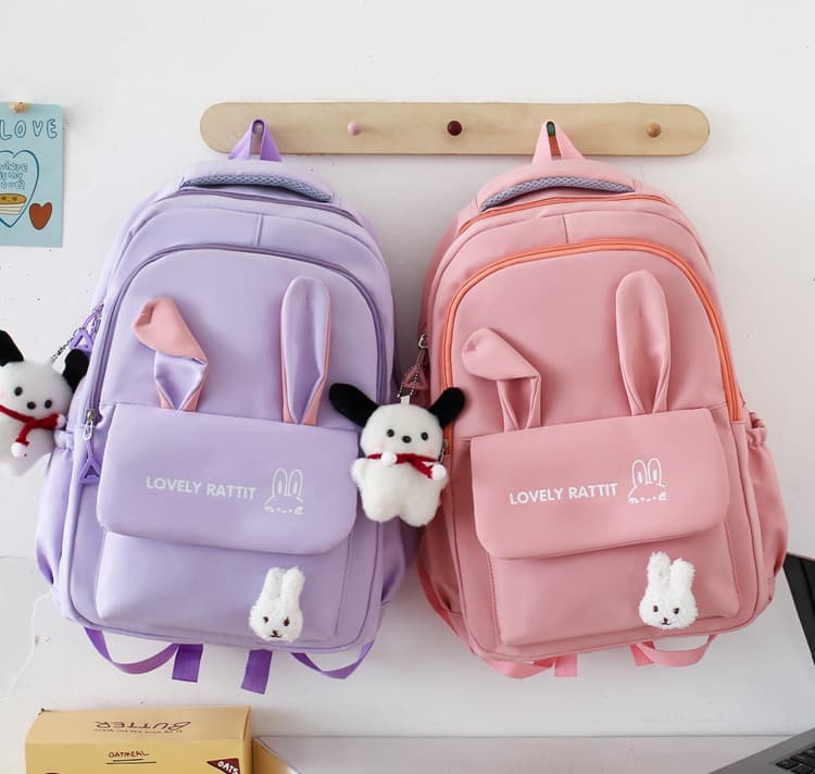 Cute Pink Rabbit Ears Backpack Set for Girls (4-Piece, Large Capacity)