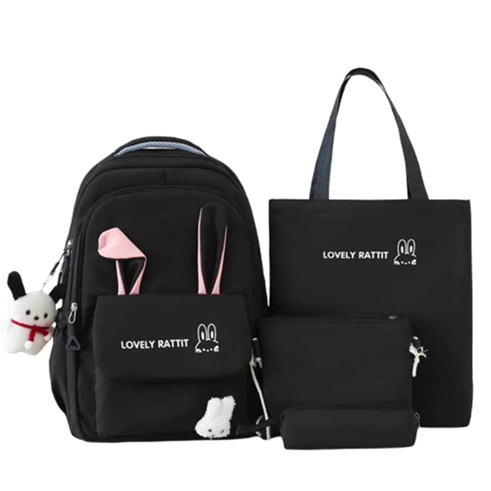 Cute Black Rabbit Ears Backpack Set for Girls (4-Piece, Large Capacity)