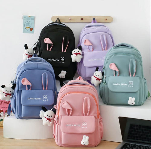 Cute Black Rabbit Ears Backpack Set for Girls (4-Piece, Large Capacity)
