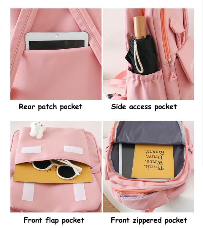 Cute Black Rabbit Ears Backpack Set for Girls (4-Piece, Large Capacity)