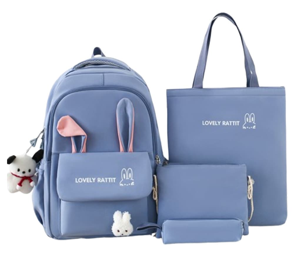 Cute Blue Rabbit Ears Backpack Set for Girls (4-Piece, Large Capacity)