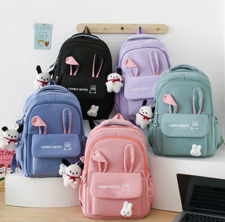 Cute Blue Rabbit Ears Backpack Set for Girls (4-Piece, Large Capacity)