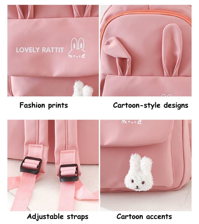 Cute Blue Rabbit Ears Backpack Set for Girls (4-Piece, Large Capacity)