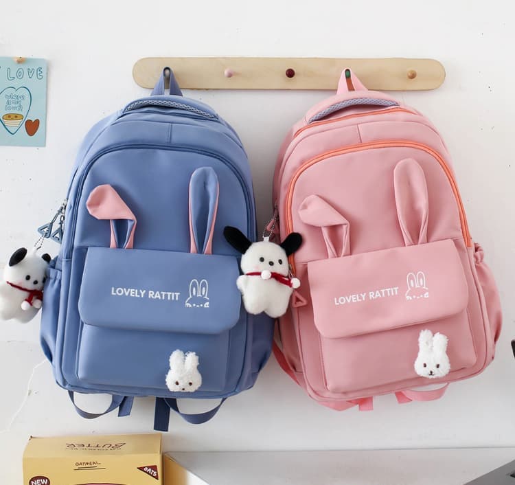 Cute Blue Rabbit Ears Backpack Set for Girls (4-Piece, Large Capacity)