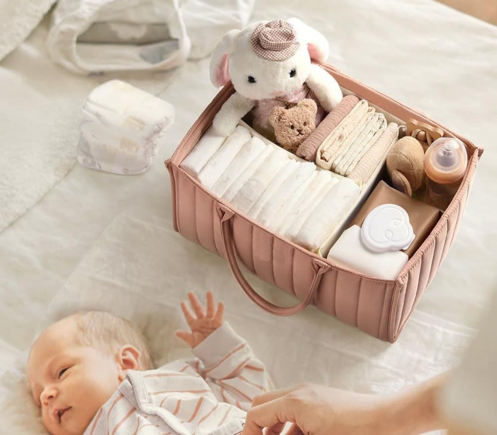 Baby Diaper Storage Basket, Large Water-Resistant Organizer, Dark Pink