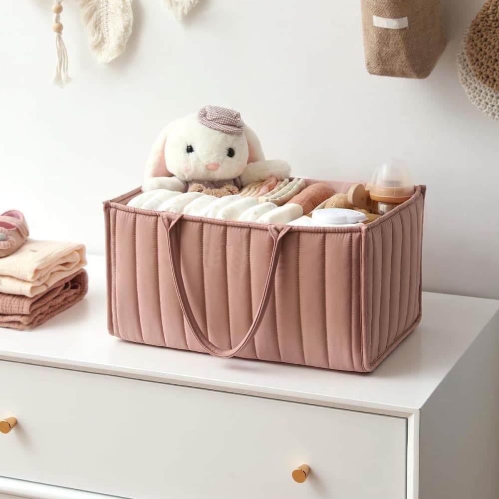 Baby Diaper Storage Basket, Large Water-Resistant Organizer, Dark Pink