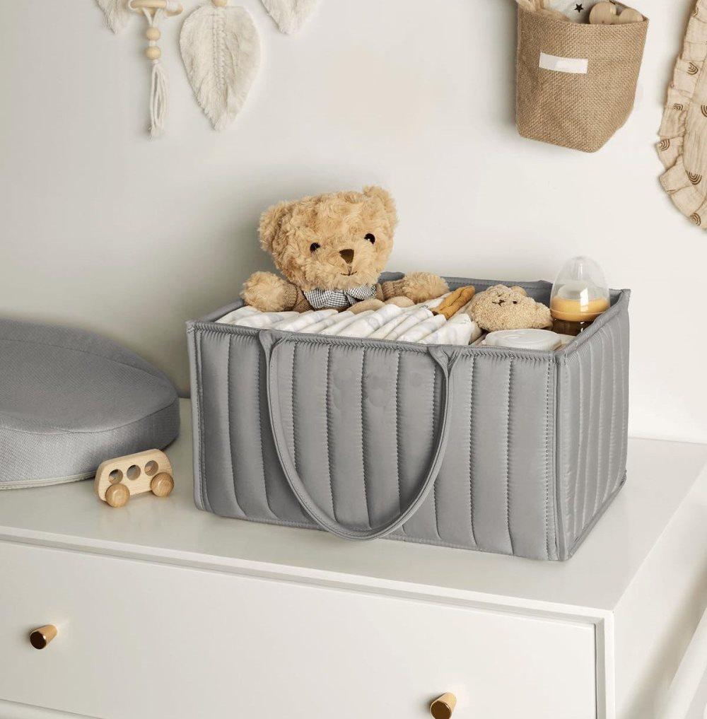 Baby Diaper Storage Basket, Large Water-Resistant Organizer, Gray